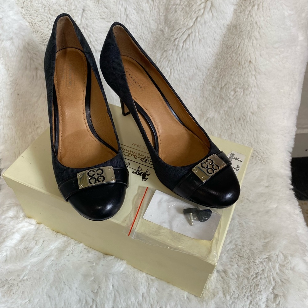Coach Whitney black canvas monogram leather signature buckle heel pumps 8